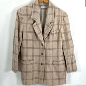 Vintage LANDSEND Womens Blazer Tan Plaid 100% Wool Button Front Cream Tan Blue